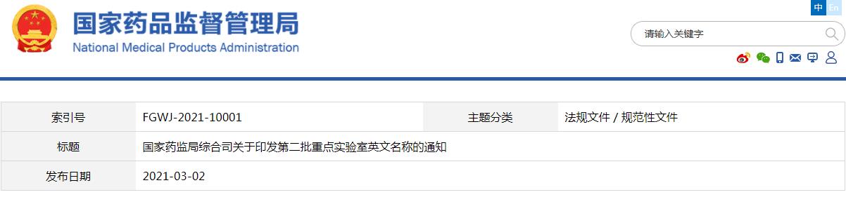 国家药监局第二批重点实验室中英文名称对照表（药监综科外函〔2021〕115号）(图1)