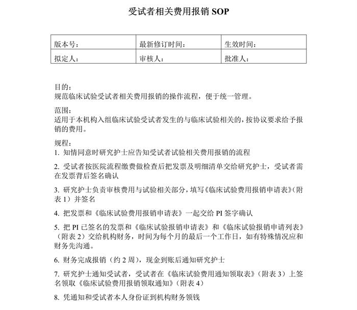 受试者相关费用报销SOP模板(图1)